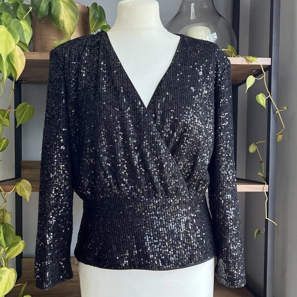 French Connection Sequin Wrap Top UK 12 Black New with Tags - Picture 1 of 9